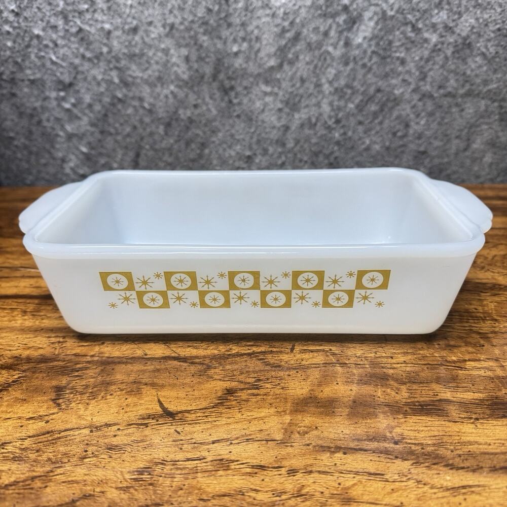 Fire King Star Glow Atomic Snowflake Loaf Pan 1.5 qt. Vintage Baking Dish